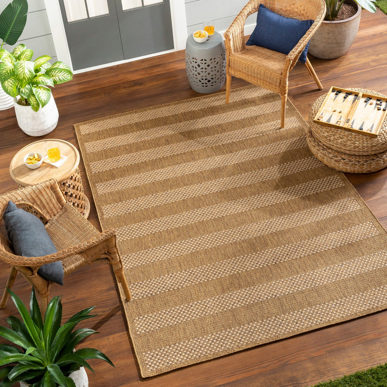 BAHATI Indoor & Outdoor Jute-Look Brown/White Black Striped Area Rug Roomscene
