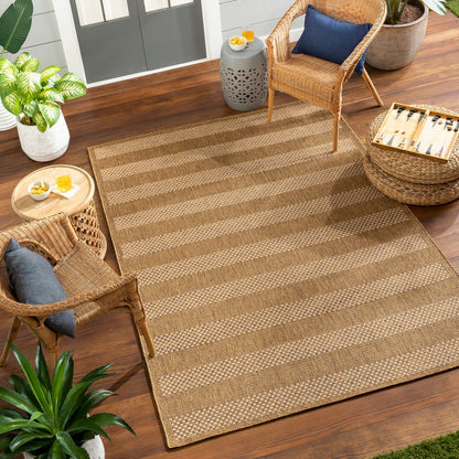 BAHATI Indoor & Outdoor Jute-Look Brown/White Black Striped Area Rug Roomscene