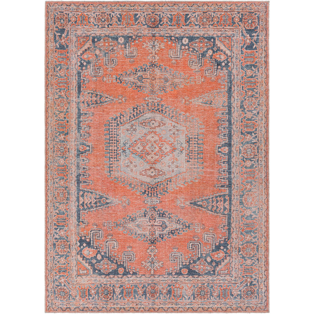 BLAIRE Machine Washable Traditional Boho Burnt Orange Area Rug Flat