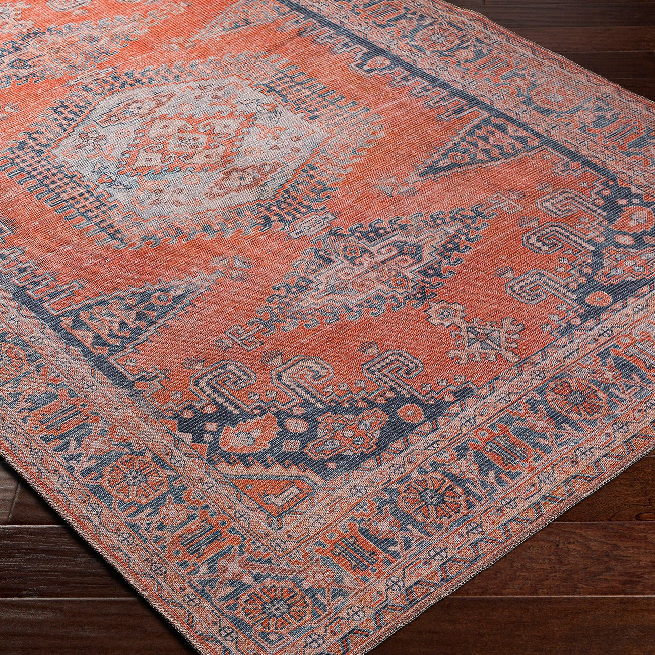 BLAIRE Machine Washable Traditional Boho Burnt Orange Area Rug Corner