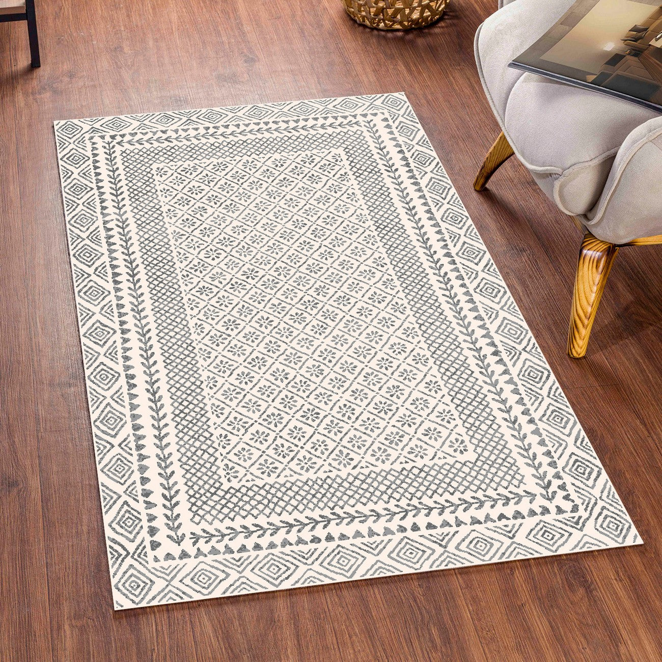 AMBRE Scandi Geometric Charcoal Light Beige Area Rug Roomscene