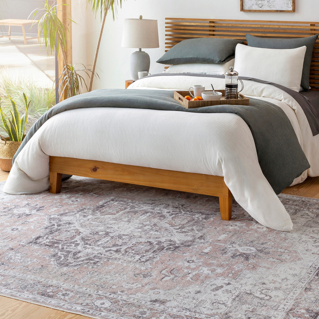 CAPUCINE Machine Washable Modern Boho Grey Area Rug Roomscene