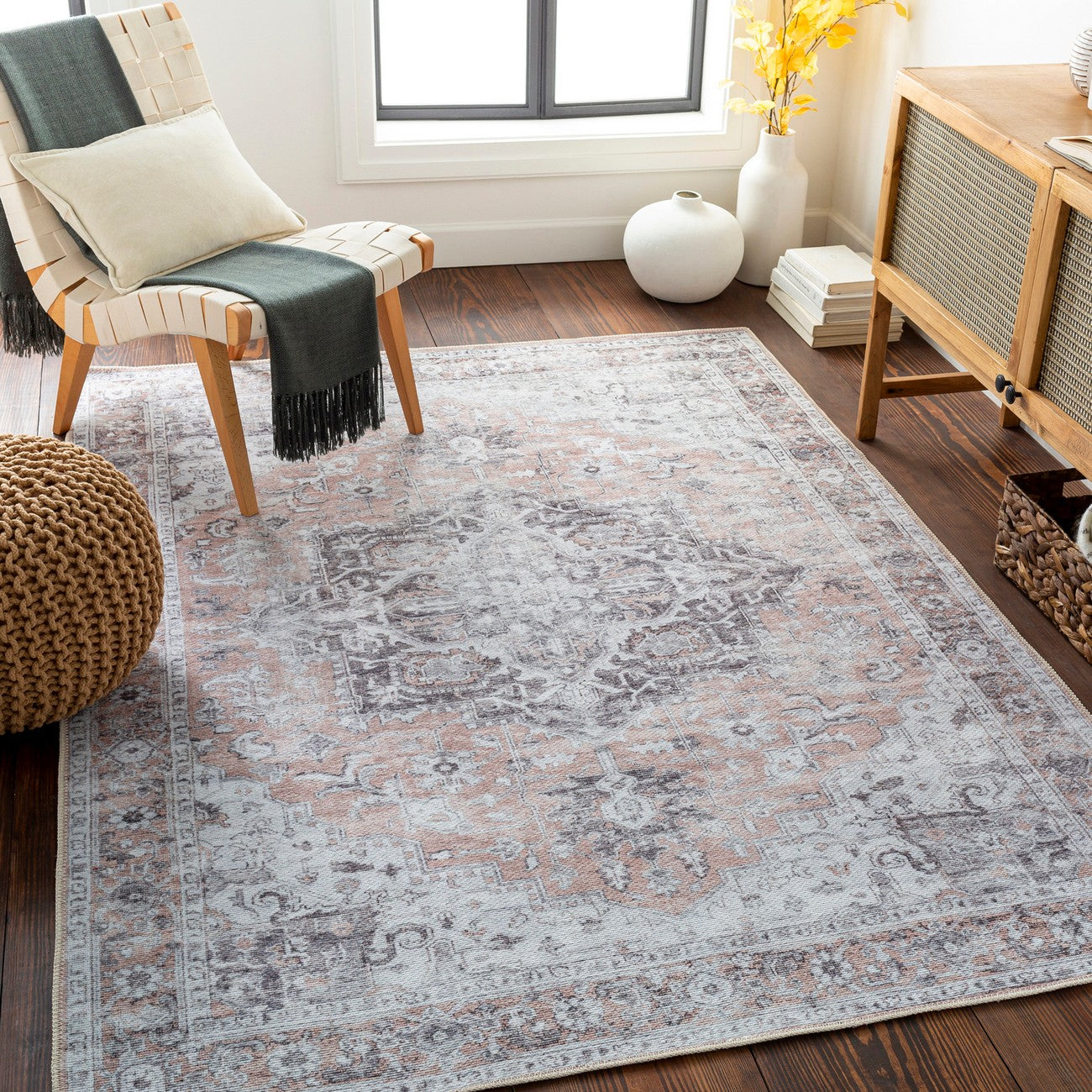 CAPUCINE Machine Washable Modern Boho Grey Area Rug Roomscene