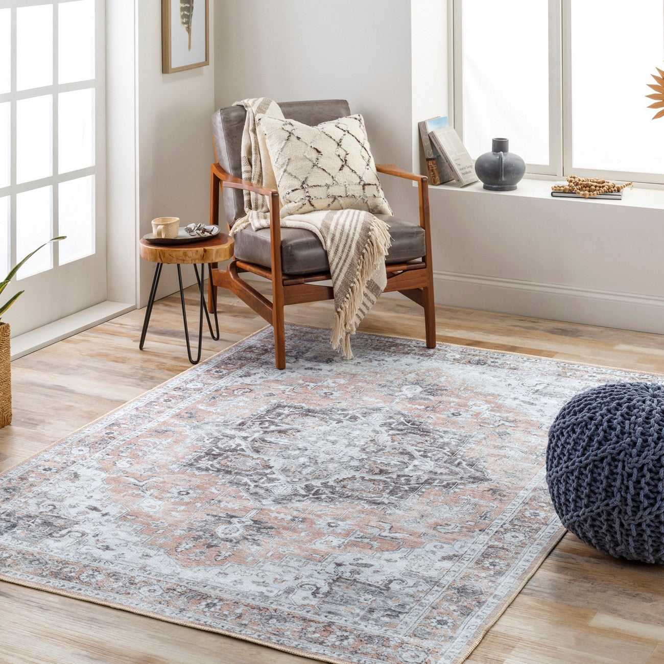 CAPUCINE Machine Washable Modern Boho Grey Area Rug Roomscene
