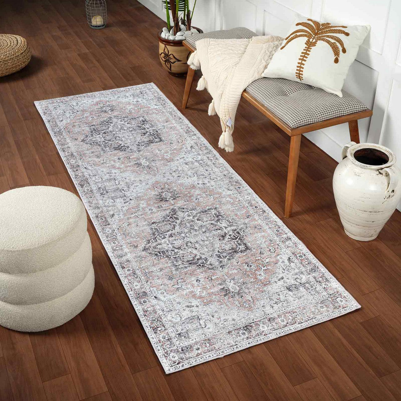 CAPUCINE Machine Washable Modern Boho Grey Area Rug Roomscene