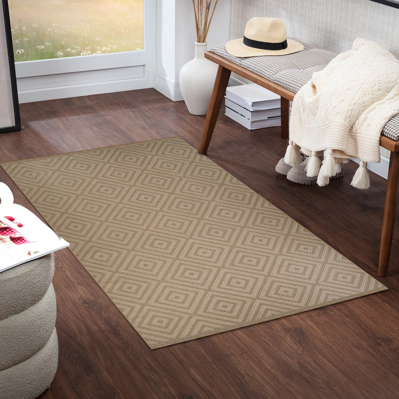 CHARDY Cottage Tan/Light Beige Machine Washable Jute Area Rug Roomscene