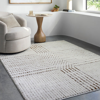 CHARLAINE Galey Alix x Livabliss Modern Scandi High Pile Ivory/Dark Brown Area Rug Roomscene