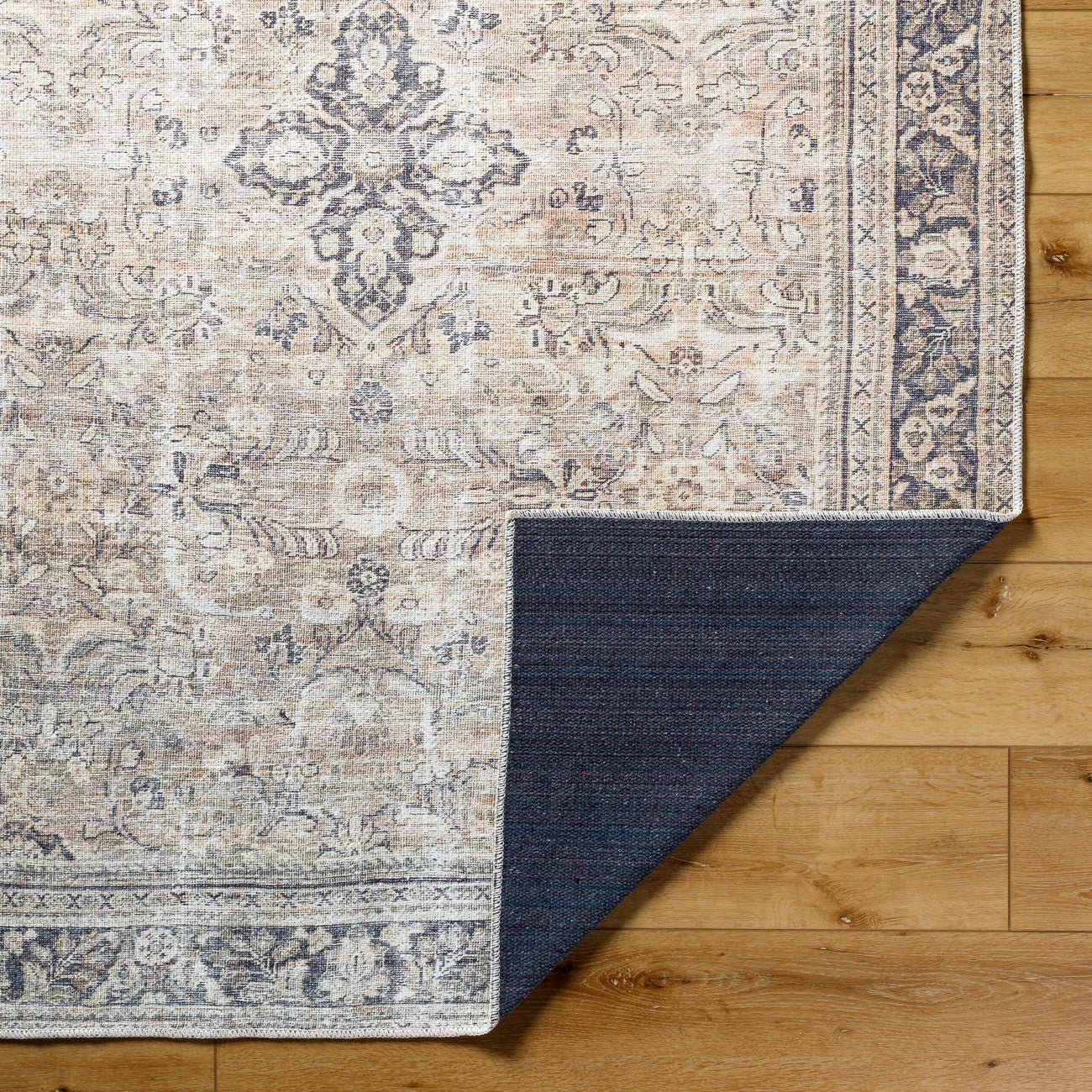 CHETNA Becki Owens x Livabliss Machine Washable Oriental Boho Warm Grey/Khaki Area Rug Fold