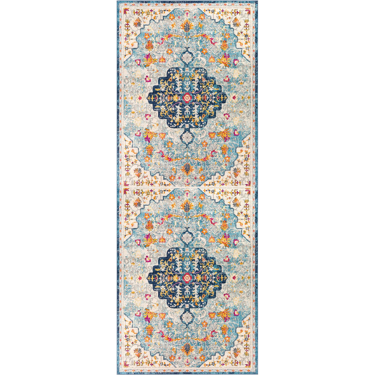 CHINU Vintage Traditional Oriental Boho Sky Blue/Saffron Area Rug Flat