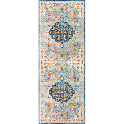 CHINU Vintage Traditional Oriental Boho Sky Blue/Saffron Area Rug Flat