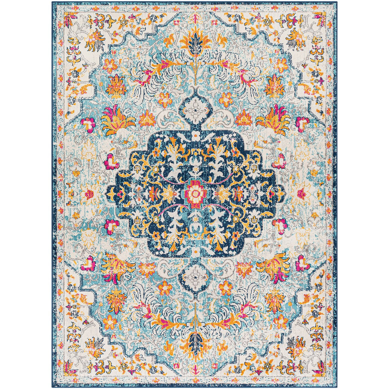 CHINU Vintage Traditional Oriental Boho Sky Blue/Saffron Area Rug Flat