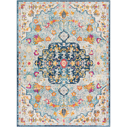 CHINU Vintage Traditional Oriental Boho Sky Blue/Saffron Area Rug Flat