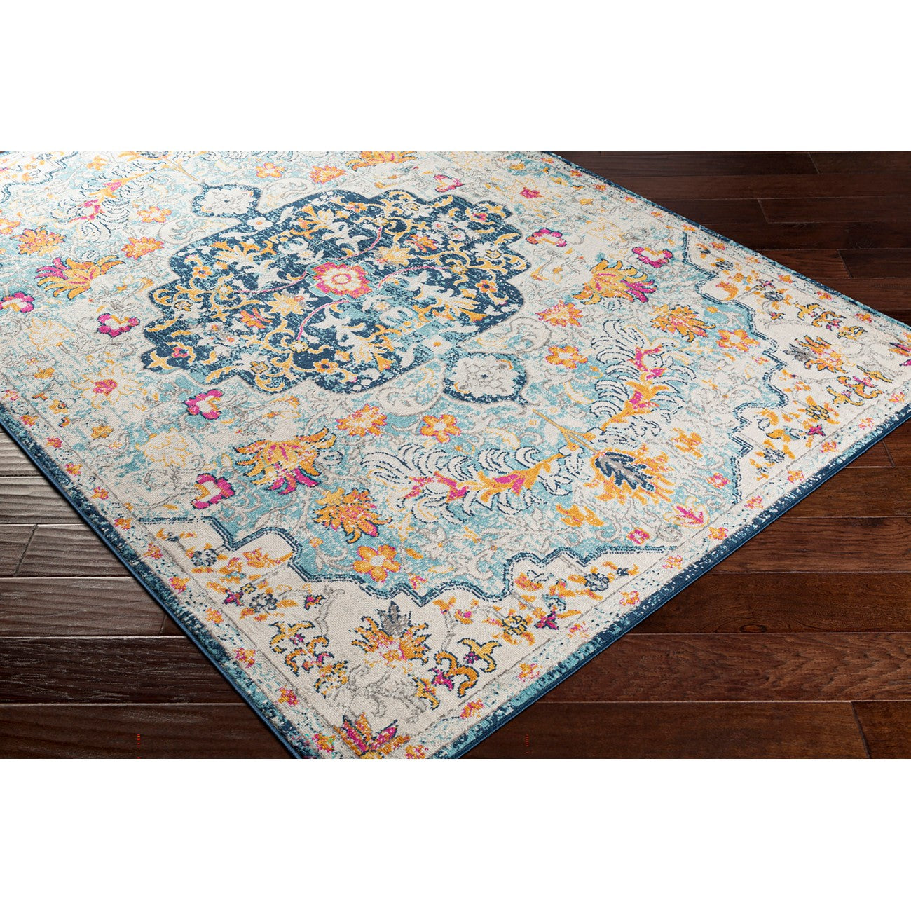 CHINU Vintage Traditional Oriental Boho Sky Blue/Saffron Area Rug Corner