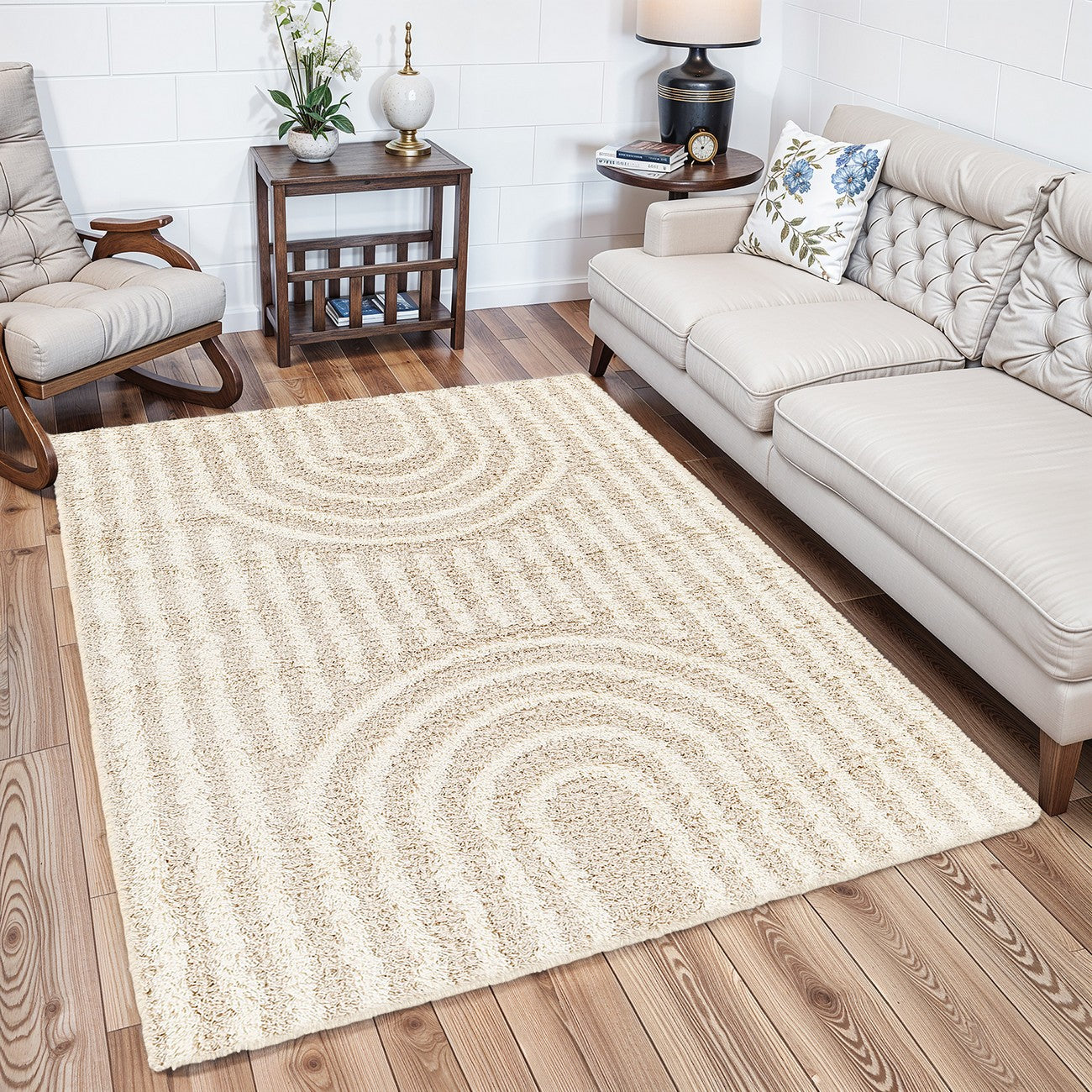 CHRISTINA Shaggy Modern Plush Pile Beige Area Rug Roomscene
