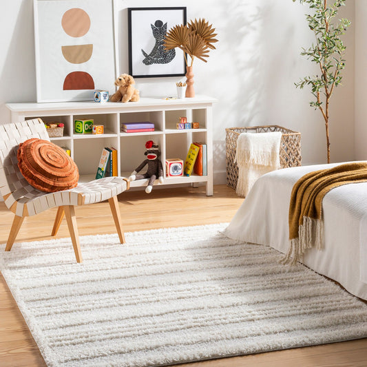 CHUMINI Shaggy Modern Plush Pile Cream Striped Area Rug Roomscene