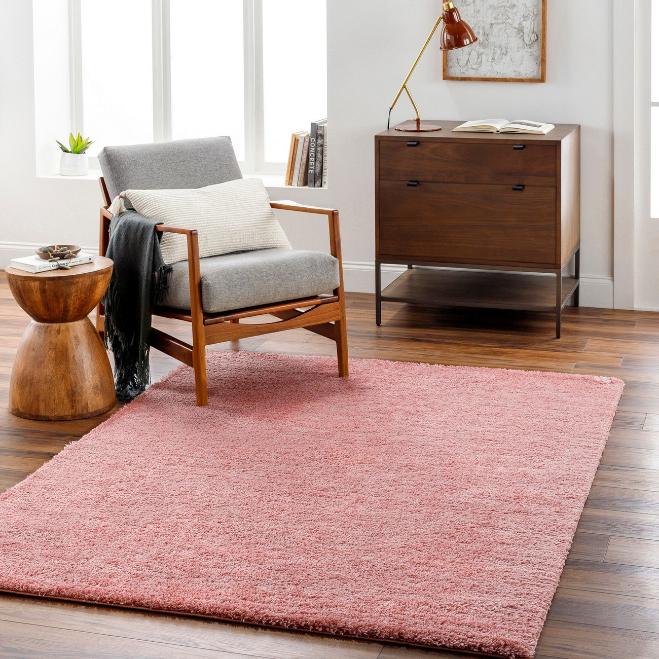 CLAIRE Shaggy Solid Color Plush Pile Coral Area Rug Roomscene