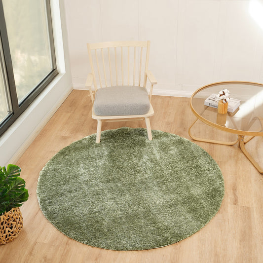 CLAIRE Round Shaggy Solid Color Plush Pile Moss Green Area Rug Roomscene