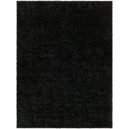 CLAIRE Round Shaggy Solid Color Plush Pile Black Area Rug Black Flat