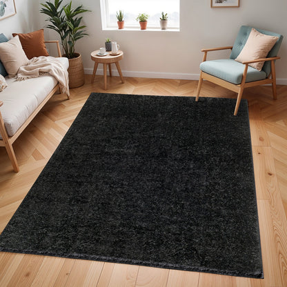 CLAIRE Round Shaggy Solid Color Plush Pile Black Area Rug Black Roomscene
