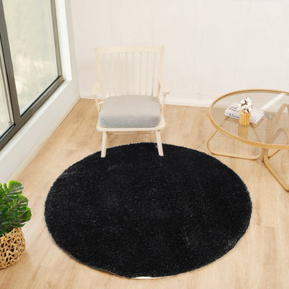 CLAIRE Round Shaggy Solid Color Plush Pile Black Area Rug Black Roomscene