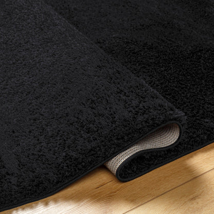 CLAIRE Round Shaggy Solid Color Plush Pile Black Area Rug Black Fold