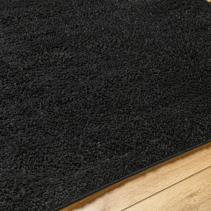 CLAIRE Round Shaggy Solid Color Plush Pile Black Area Rug Black Texture
