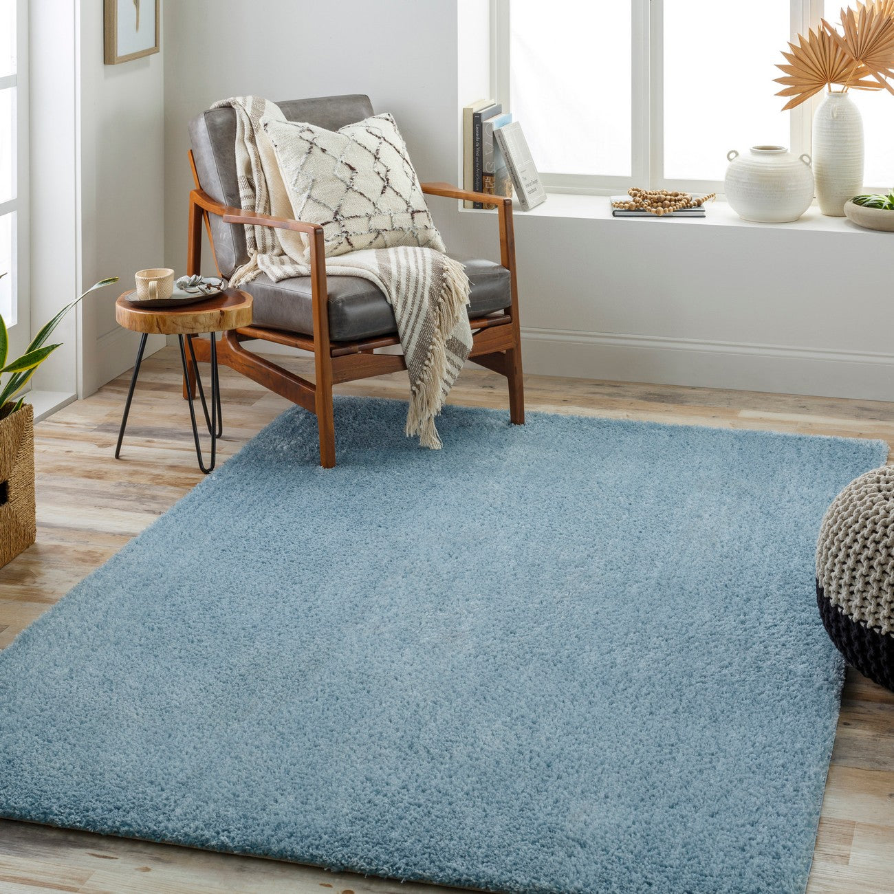 CLAIRE Shaggy Solid Color Plush Pile Denim Area Rug Blue Roomscene