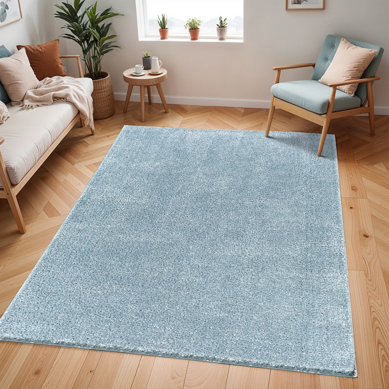 CLAIRE Shaggy Solid Color Plush Pile Denim Area Rug Blue Roomscene