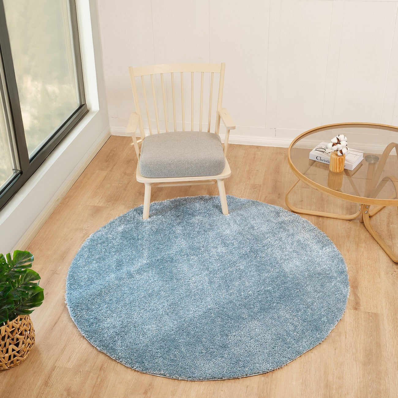 CLAIRE Shaggy Solid Color Plush Pile Denim Area Rug Blue Roomscene
