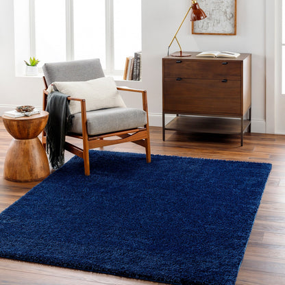 CLAIRE Round Shaggy Solid Color Plush Pile Cobalt Blue Area Rug Roomscene