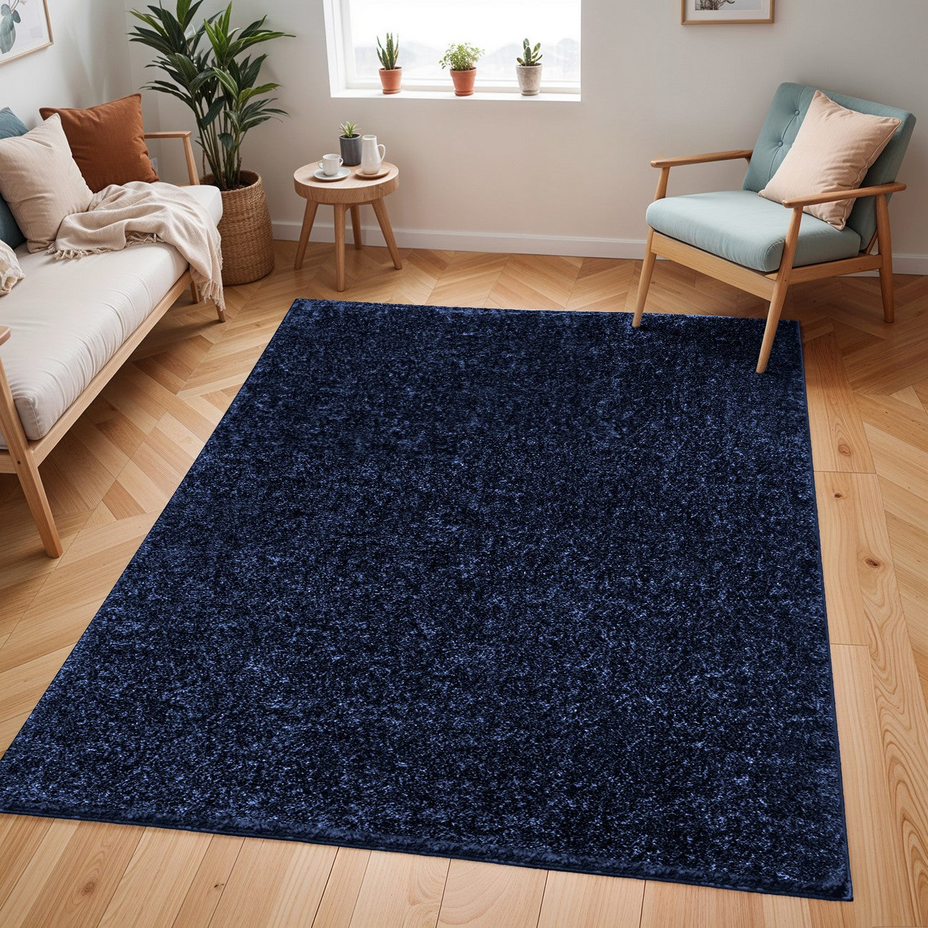 CLAIRE Round Shaggy Solid Color Plush Pile Cobalt Blue Area Rug Roomscene
