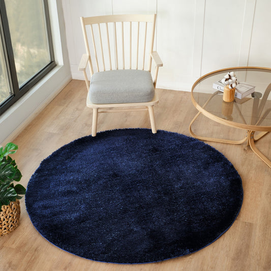 CLAIRE Round Shaggy Solid Color Plush Pile Cobalt Blue Area Rug Roomscene