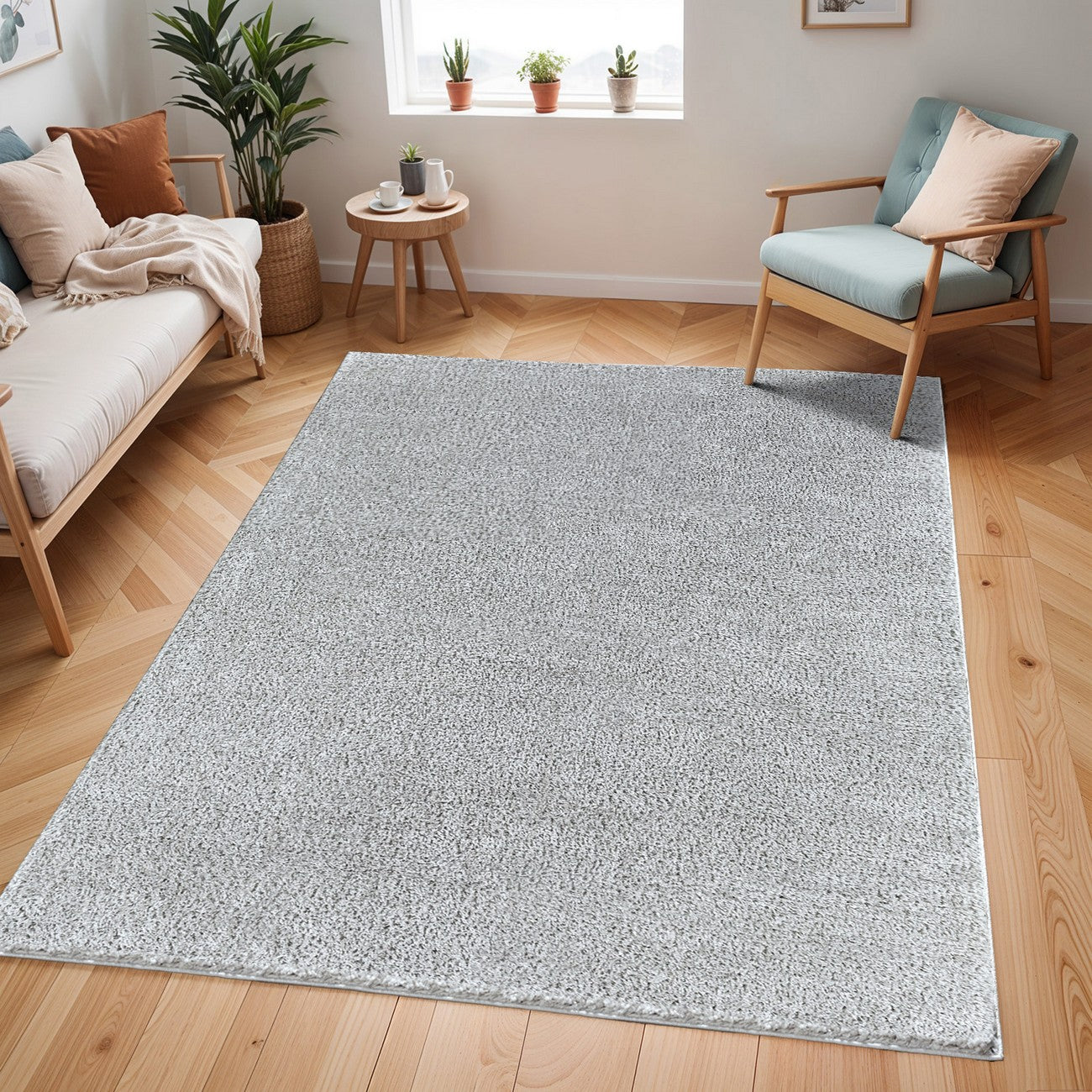 CLAIRE Round Shaggy Solid Color Plush Pile Grey Area Rug Roomscene