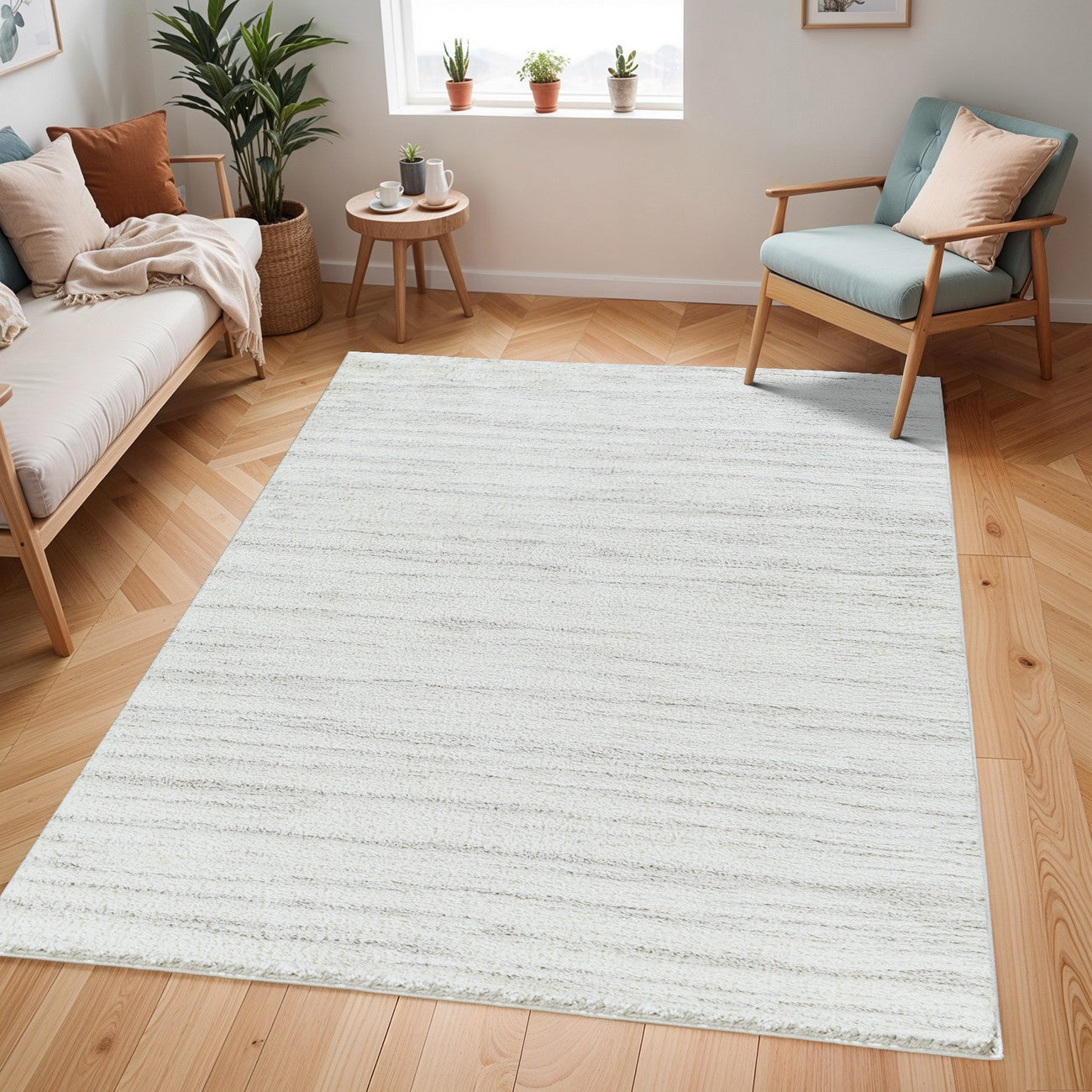 ADLEY Round Shaggy Modern Plush Pile Light Grey Area Rug Roomscene