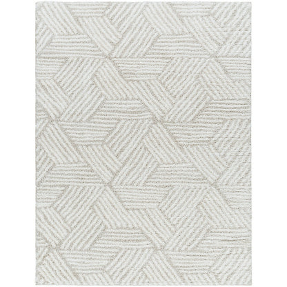 ALLIE Round Shaggy Geometric Plush Pile Beige Area Rug Flat