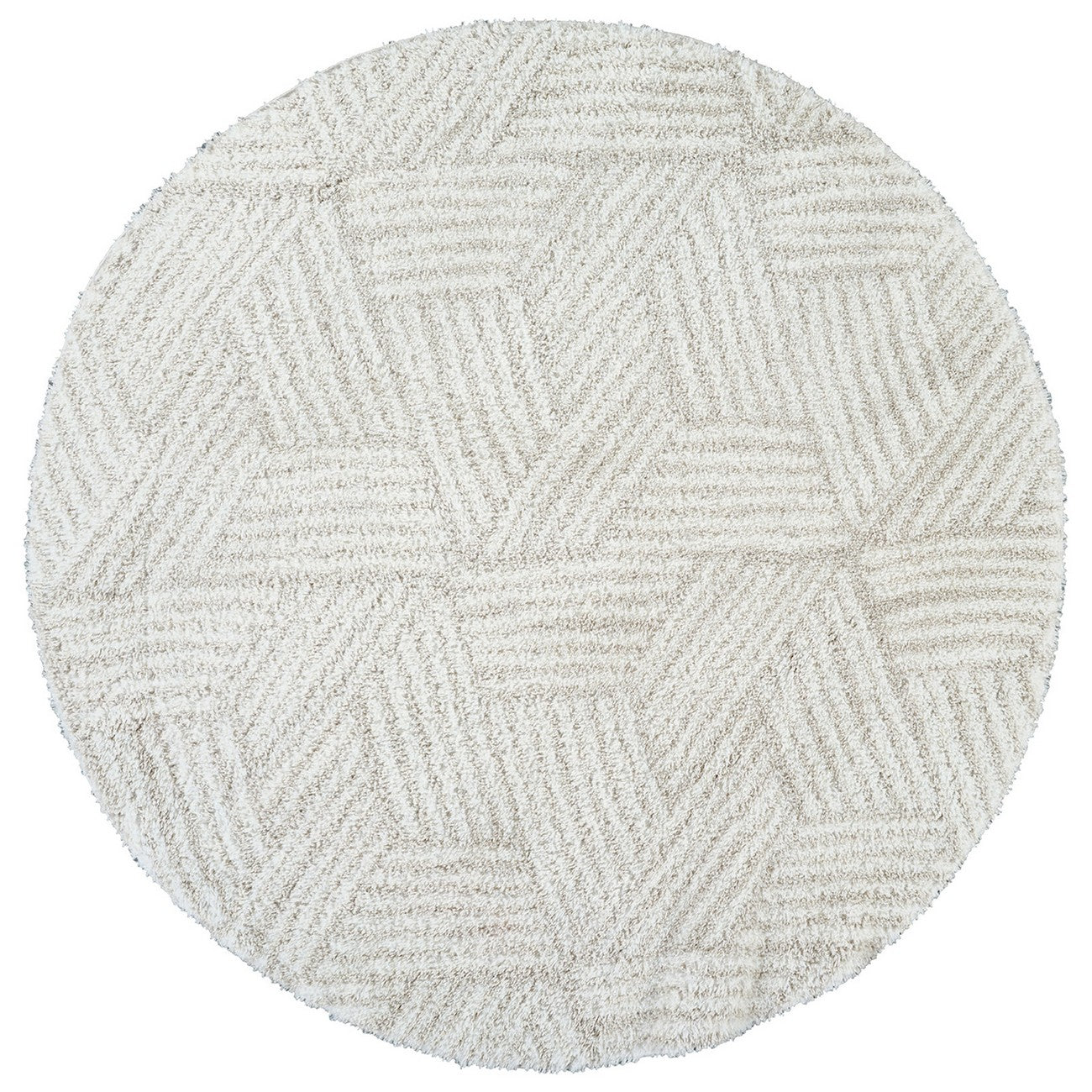 ALLIE Round Shaggy Geometric Plush Pile Beige Area Rug Flat