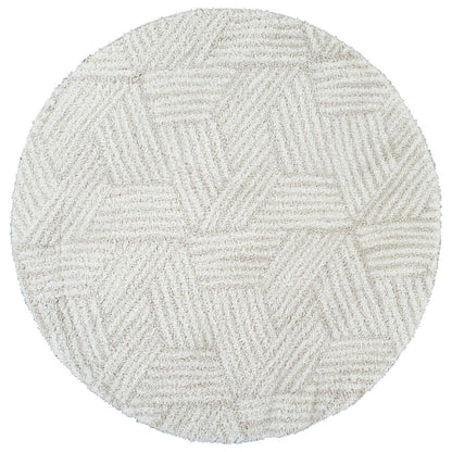 ALLIE Round Shaggy Geometric Plush Pile Beige Area Rug Flat