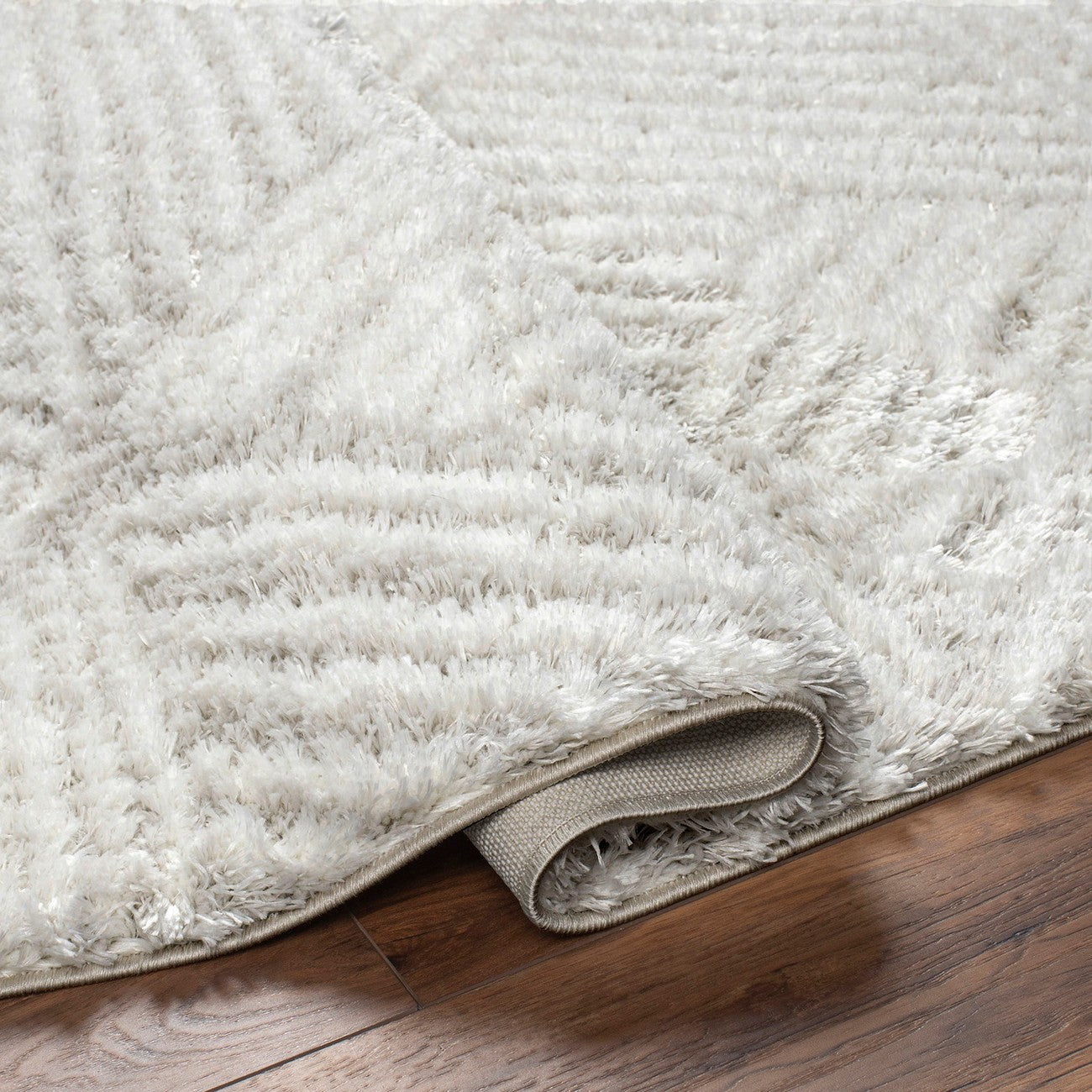 ALLIE Round Shaggy Geometric Plush Pile Beige Area Rug Fold