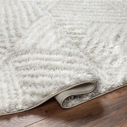 ALLIE Round Shaggy Geometric Plush Pile Beige Area Rug Fold