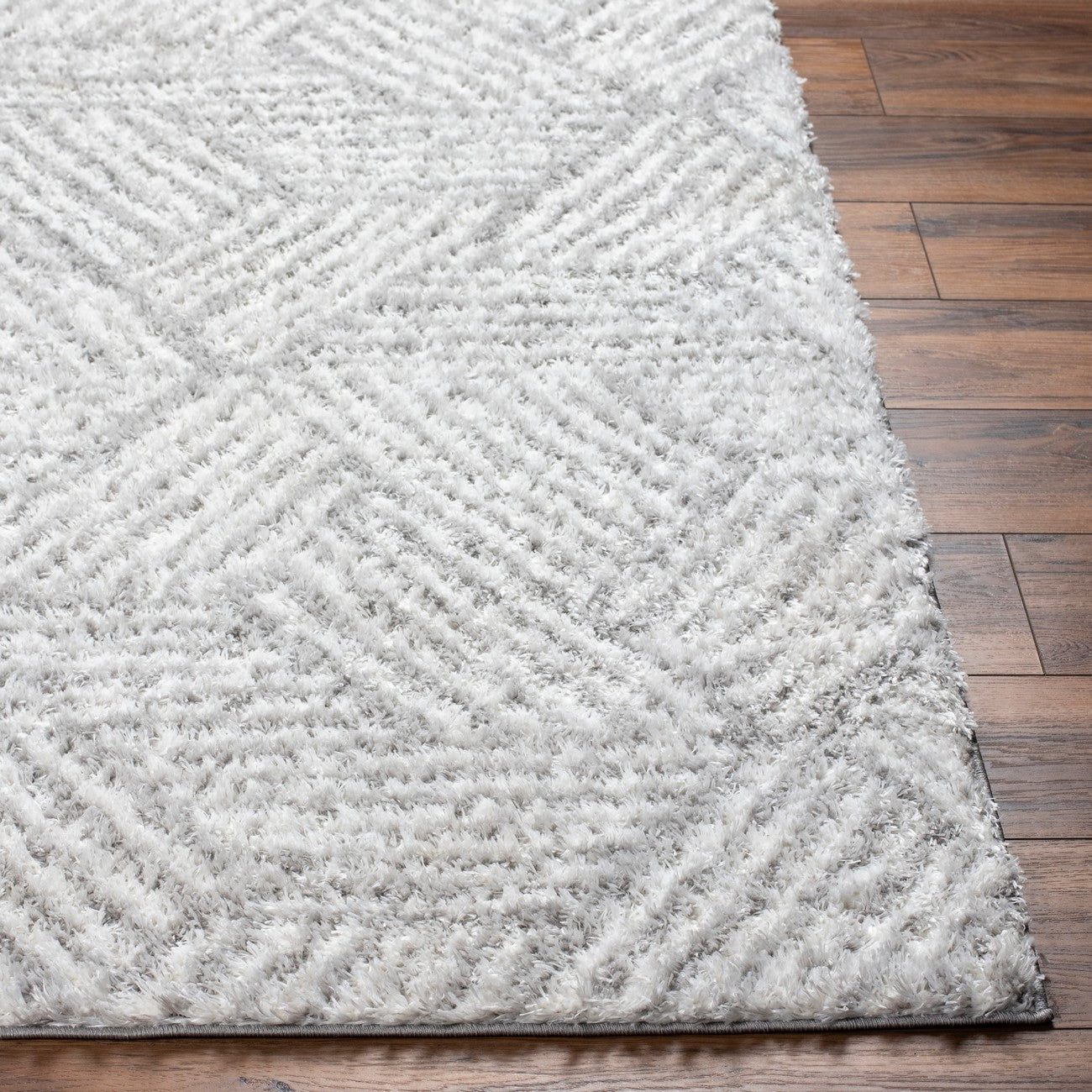 ALLIE Round Shaggy Geometric Plush Pile Light Grey Area Rug Front