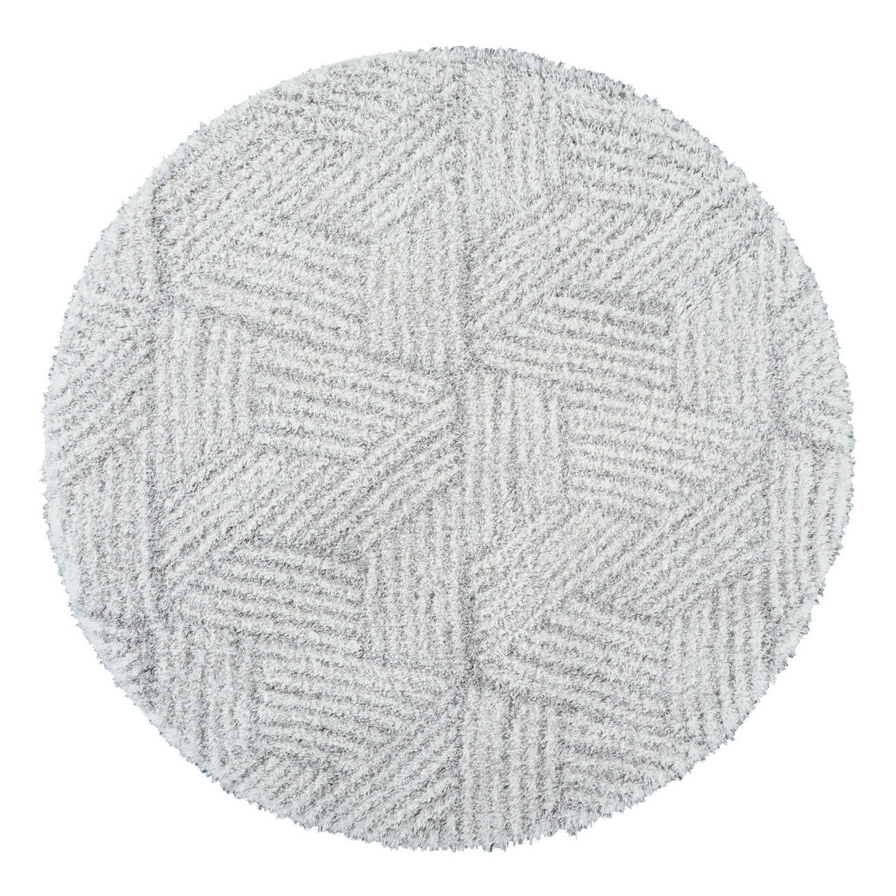 ALLIE Round Shaggy Geometric Plush Pile Light Grey Area Rug Flat