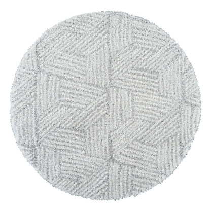 ALLIE Round Shaggy Geometric Plush Pile Light Grey Area Rug Flat