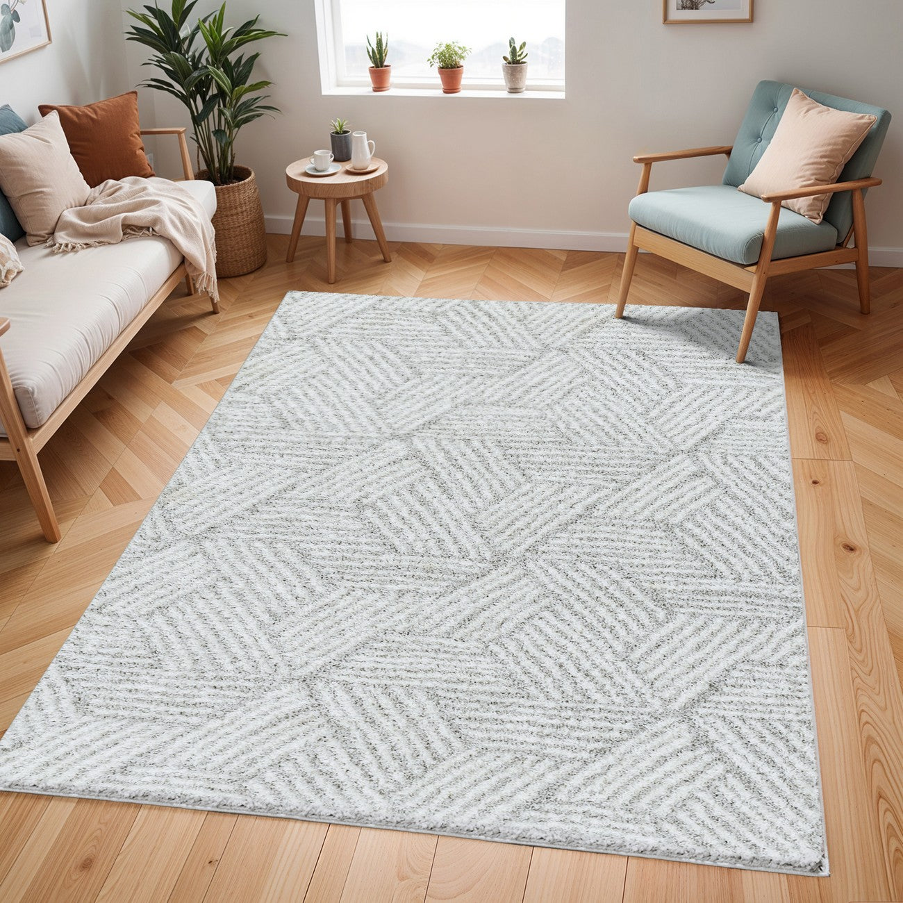 ALLIE Round Shaggy Geometric Plush Pile Light Grey Area Rug Roomscene