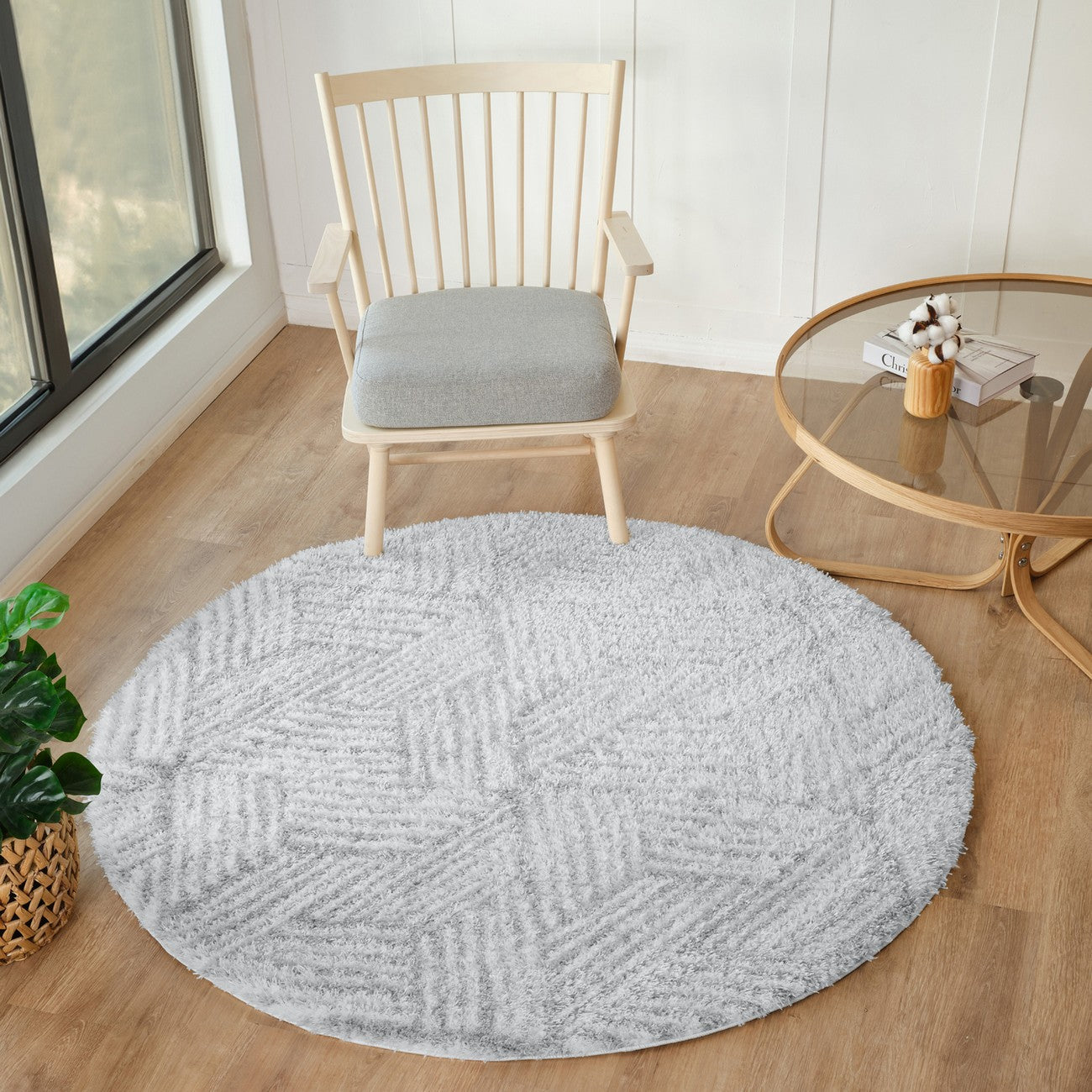 ALLIE Round Shaggy Geometric Plush Pile Light Grey Area Rug Roomscene