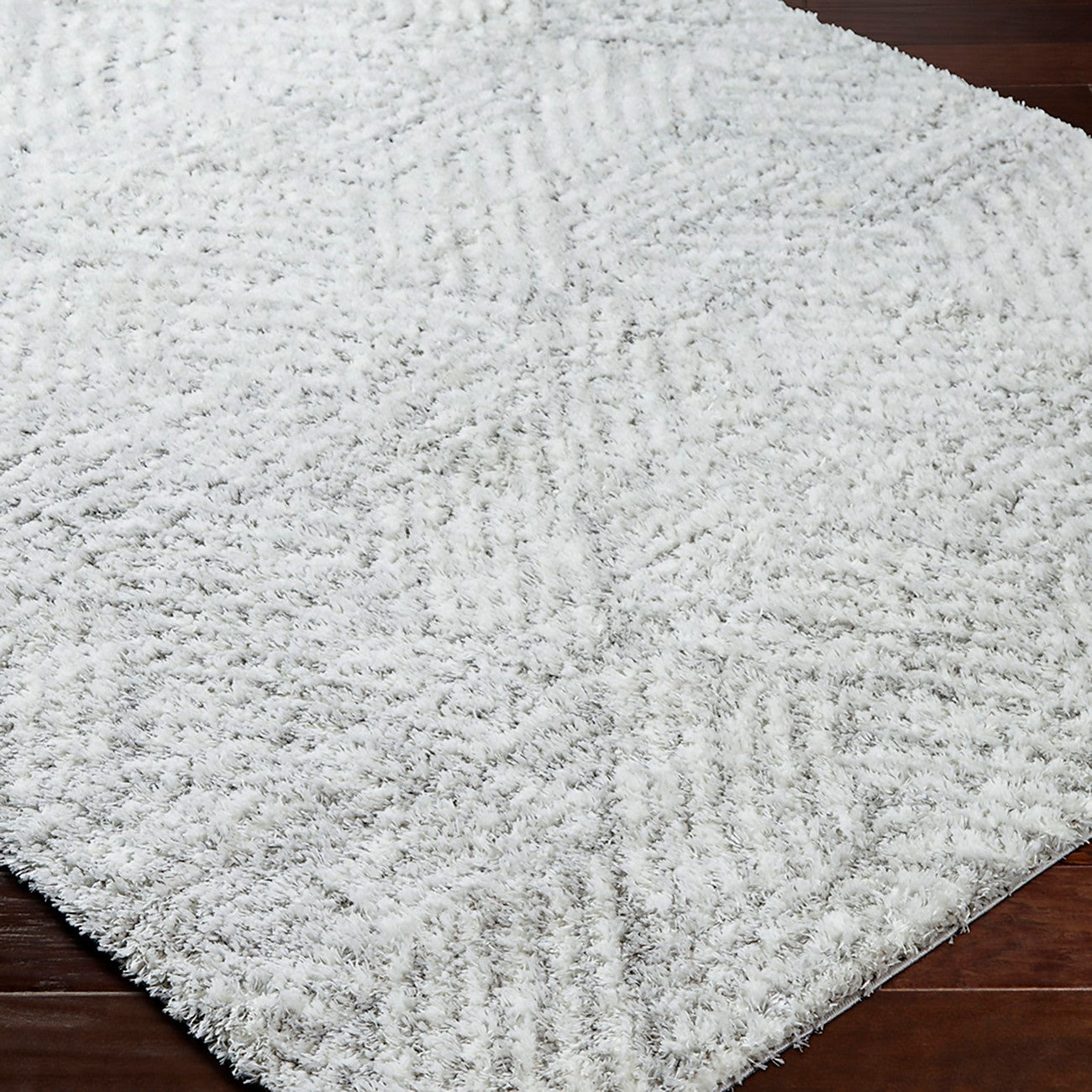 ALLIE Round Shaggy Geometric Plush Pile Light Grey Area Rug Corner