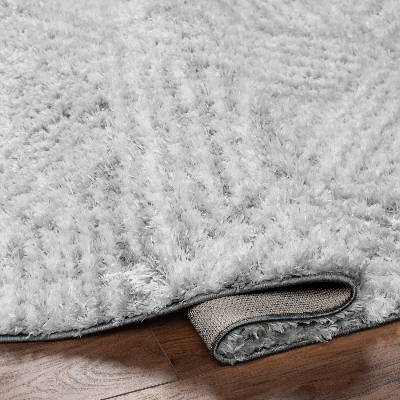 ALLIE Round Shaggy Geometric Plush Pile Light Grey Area Rug Fold