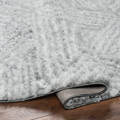 ALLIE Round Shaggy Geometric Plush Pile Light Grey Area Rug Fold