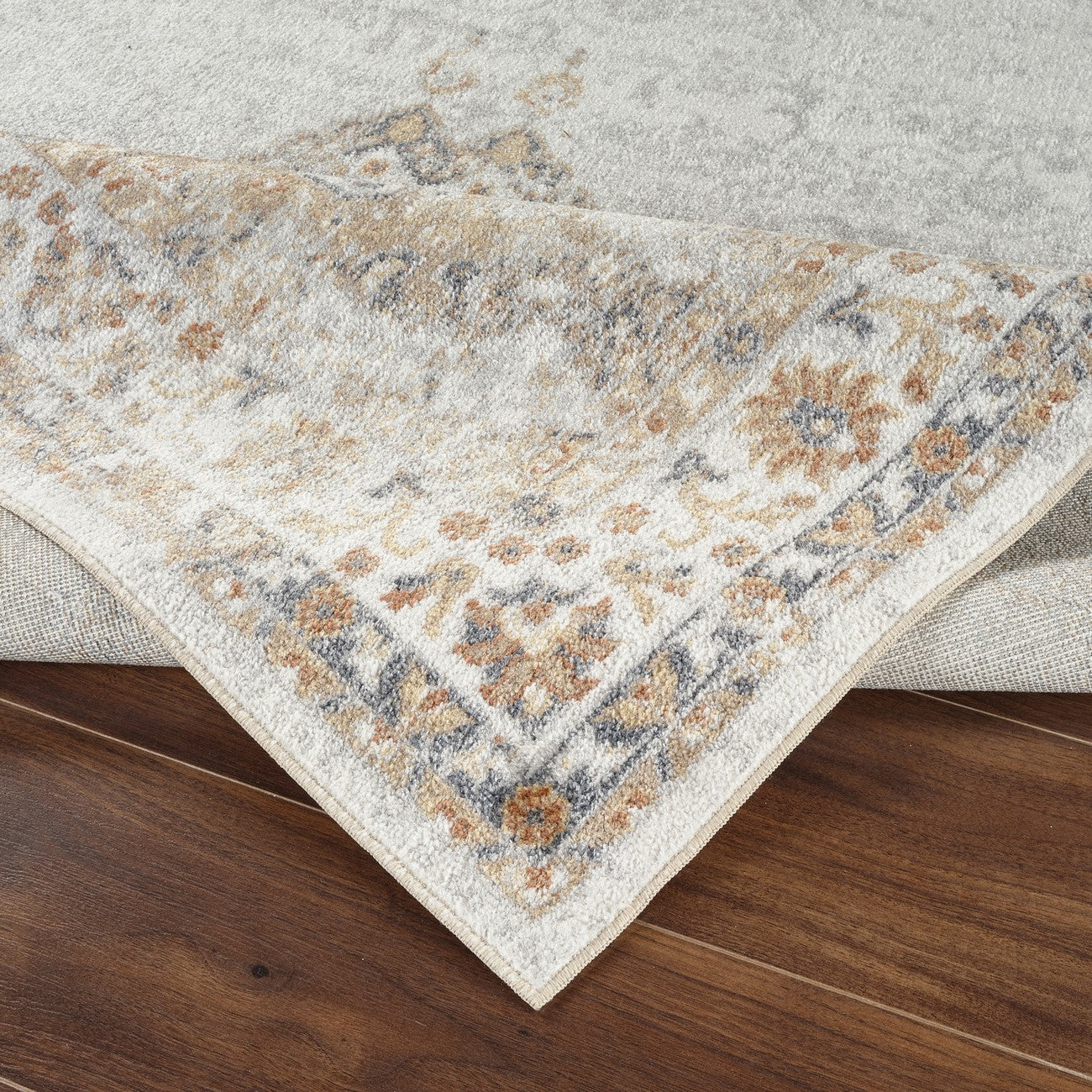 DEEPIKA Machine Washable Traditional Boho Grey/Brown Area Rug Fold