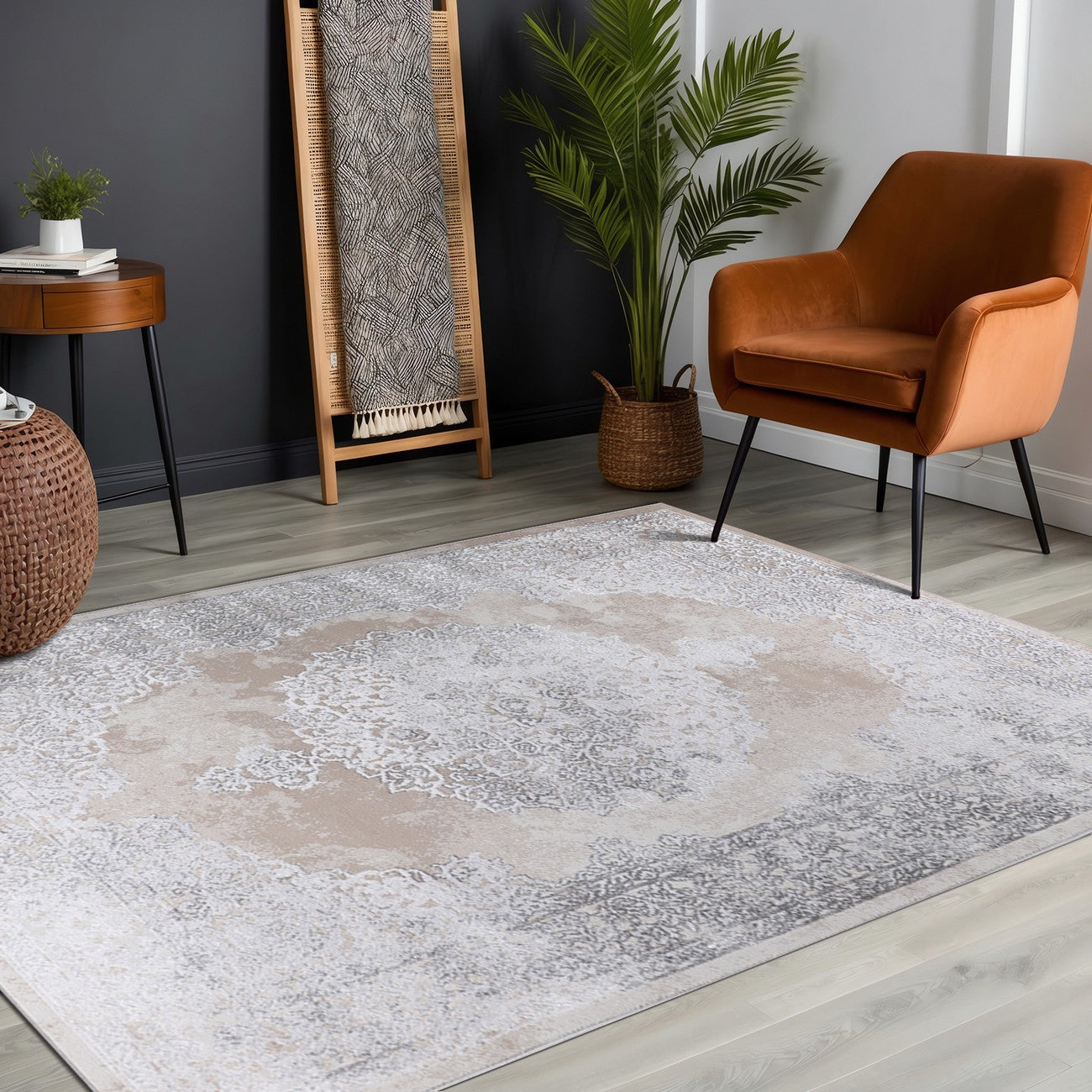 DEFNE Vintage Traditional Oriental Boho Beige/White Area Rug Roomscene