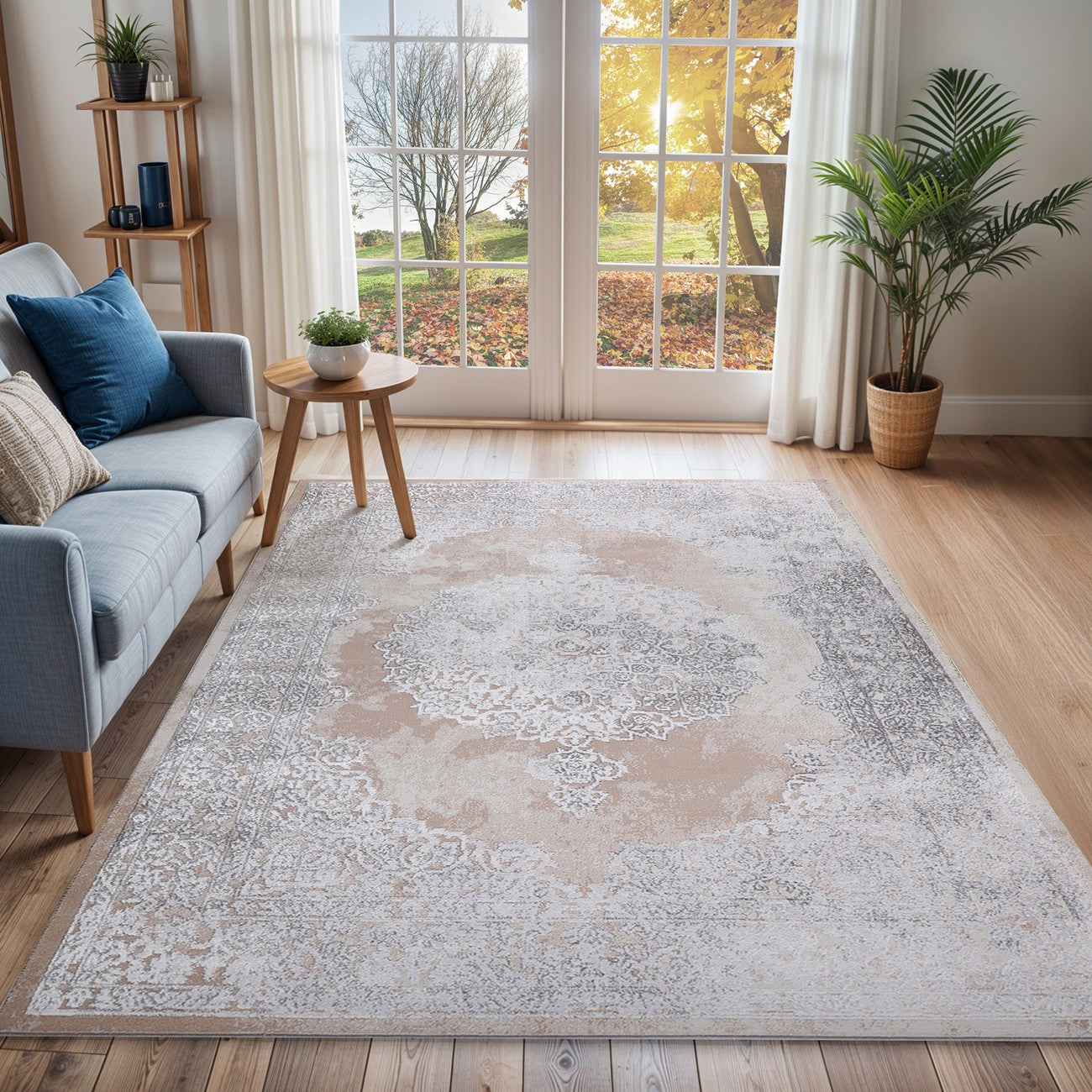 DEFNE Vintage Traditional Oriental Boho Beige/White Area Rug Roomscene